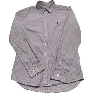 BOSSINI Golf Shirt Men Size M Purple White Checker Long Sleeve Button Up Cotton